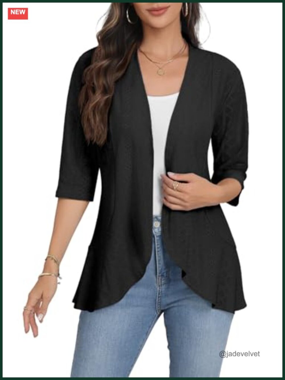Women 3/4 Sleeve Open Front Eyelet Knit Cardigan Ruffle Kimono Cover Up